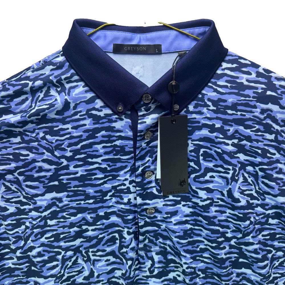 Greyson Golf Polo Shirt Mens Large Blue Stalking Wolf Camo Short Sleeve NWT $130